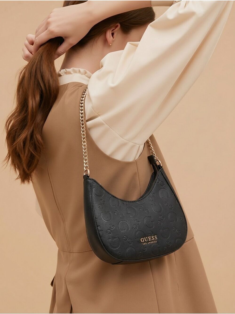 GUESS Black Embossed Logo Shoulder Bag with Gold Chain - Picture 2 of 12